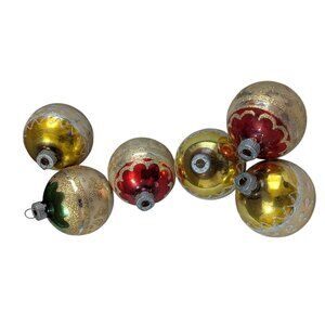 Vintage Shiny Brite Hand-Decorated Christmas Ornaments Set Of 6 Gold & Red Balls